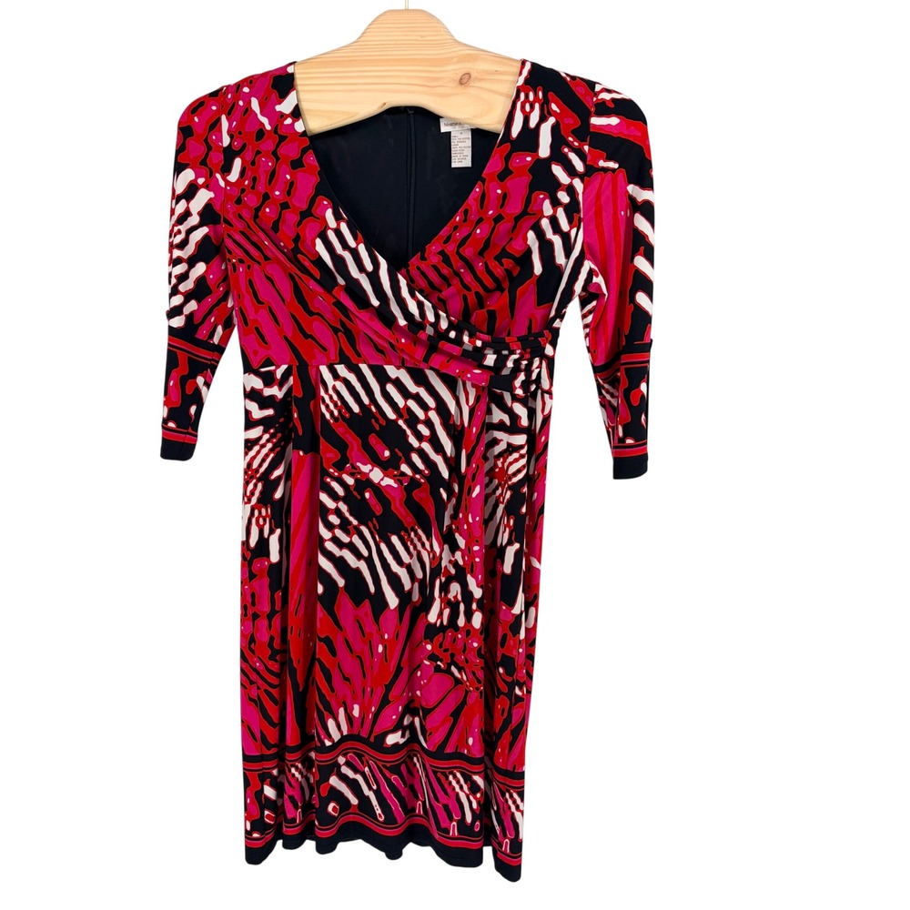 Monroe & Main Faux Wrap Dress 16 Pink Red Black Abstract 3/4 Sleeve V-Neck Vtg